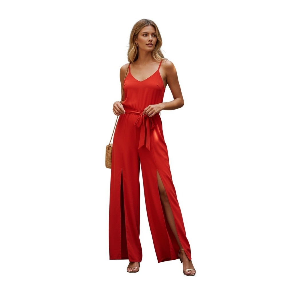 Athleta Red Wide Leg Jumpsuit V-Neck Tie Waist Pockets Womens 12